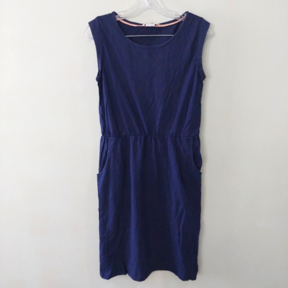 Boden Dress size 6 Long Navy blue pockets scoop neck cap sleeves elastic waist